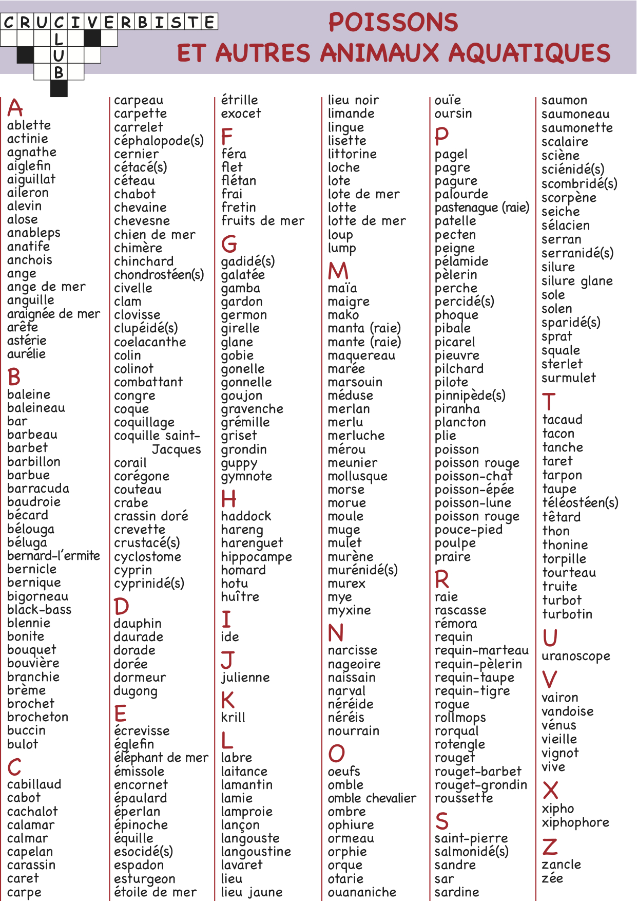 Le Notre S'appelle Mon Animal Mots Fléchés poissons - Cruciverbiste.club